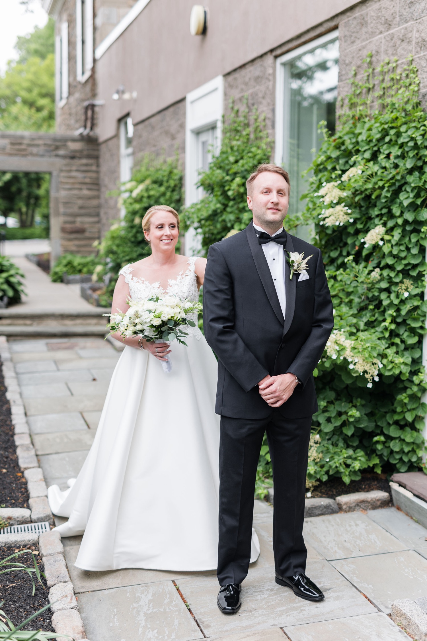 bride and groom first look at bluestone country club